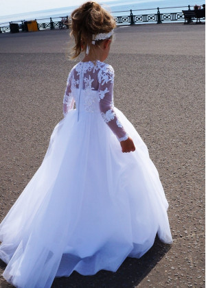 Beaded White Lace Tulle Flower Girl Dress